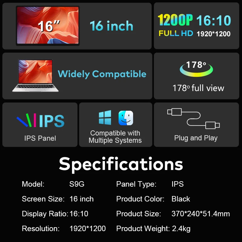 Portable Monitor 16 Inch Triple Monitor Screen Extender for Laptop 1920x1200 IPS Display Desktop Monitor Extension for Office