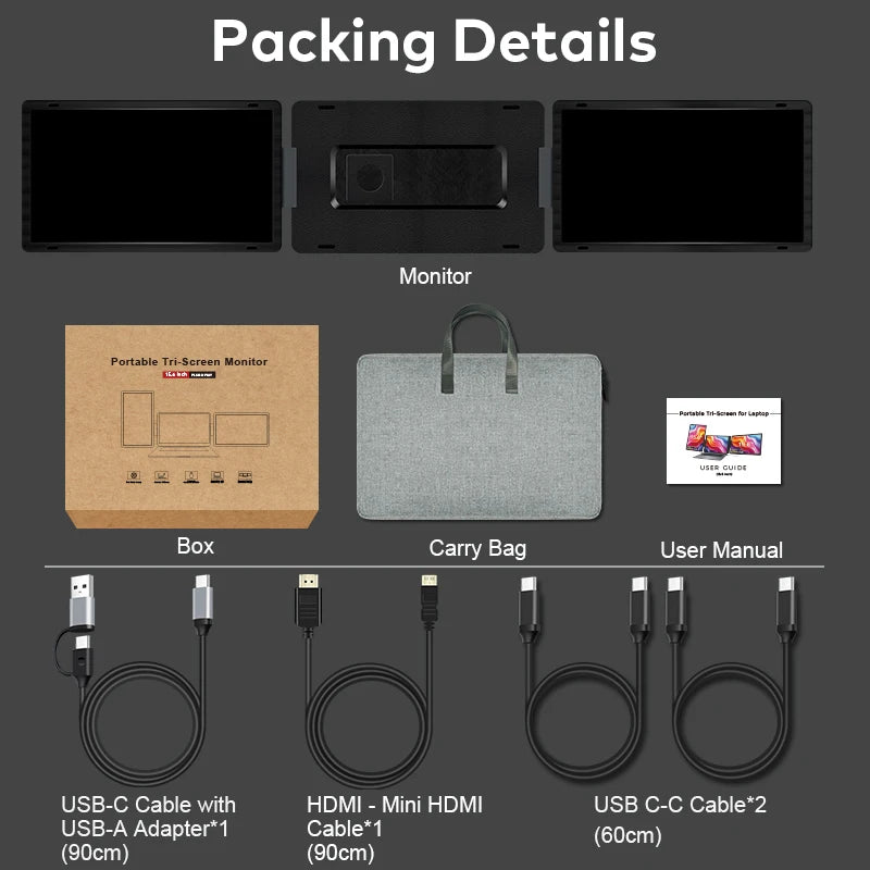 Portable Monitor 16 Inch Triple Monitor Screen Extender for Laptop 1920x1200 IPS Display Desktop Monitor Extension for Office